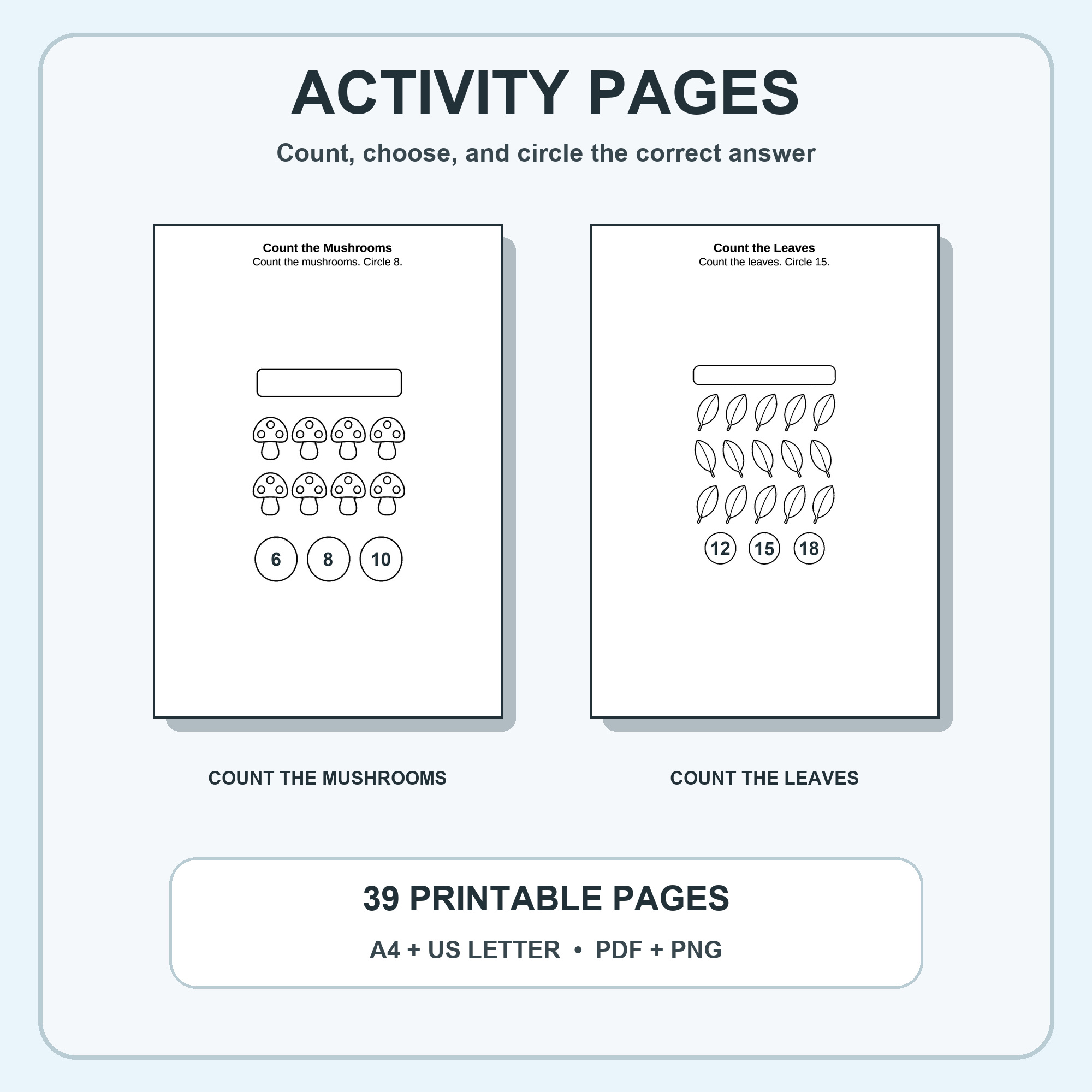 Sample tracing, counting, matching, spot-the-difference, and pattern activity pages with answer keys included.