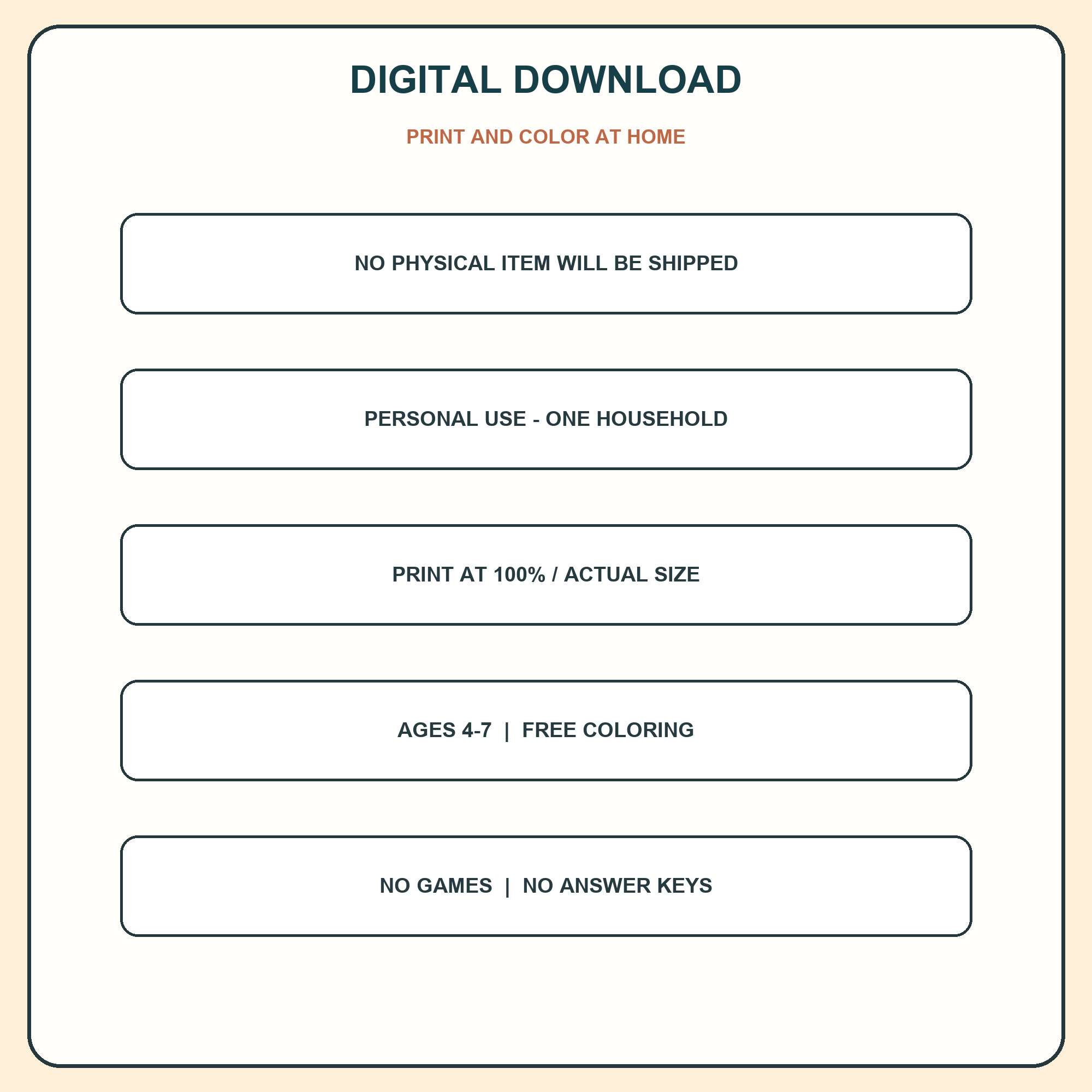 Digital download, printing, age, activity, and personal-use summary.