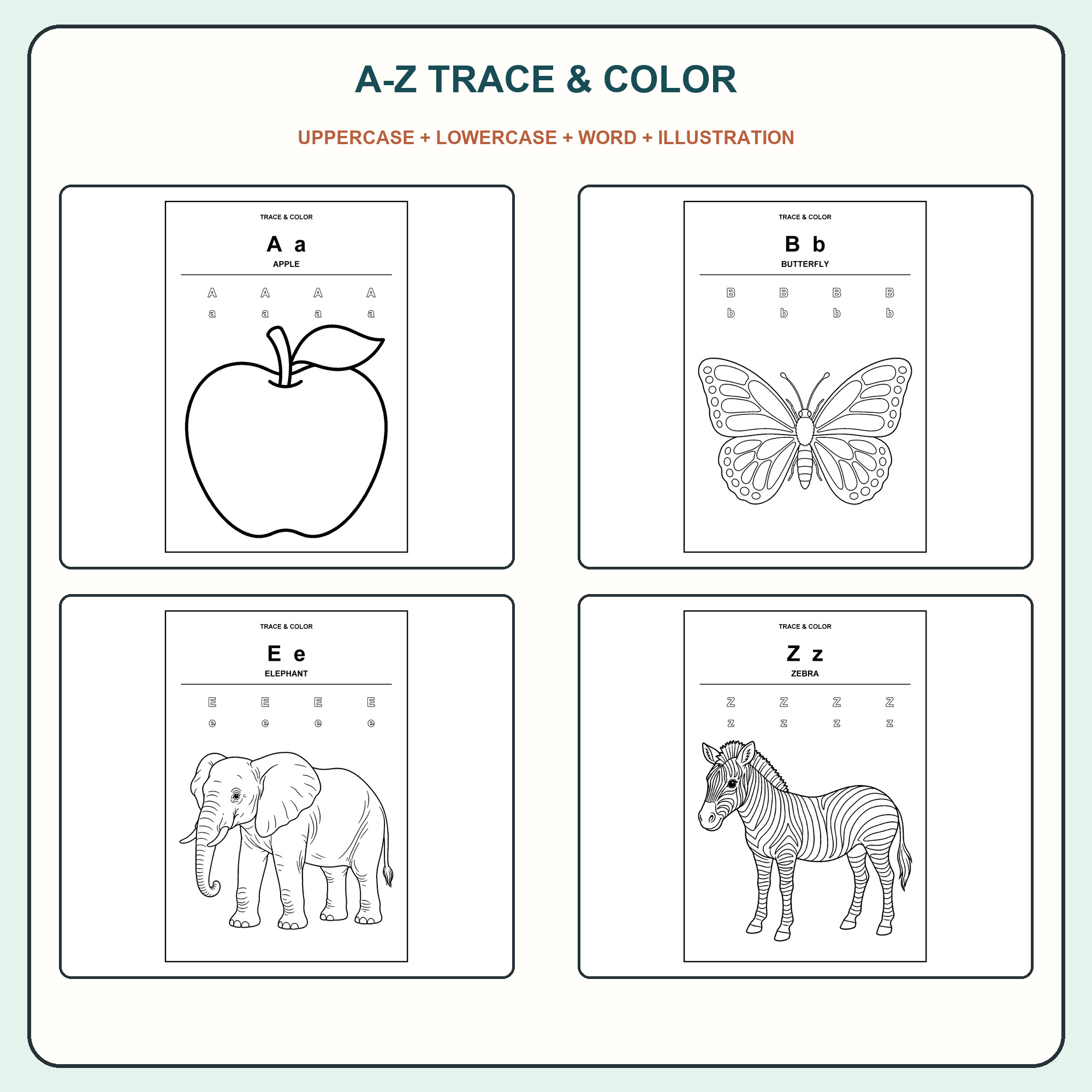 Four sample A–Z trace and color pages with large illustrations.