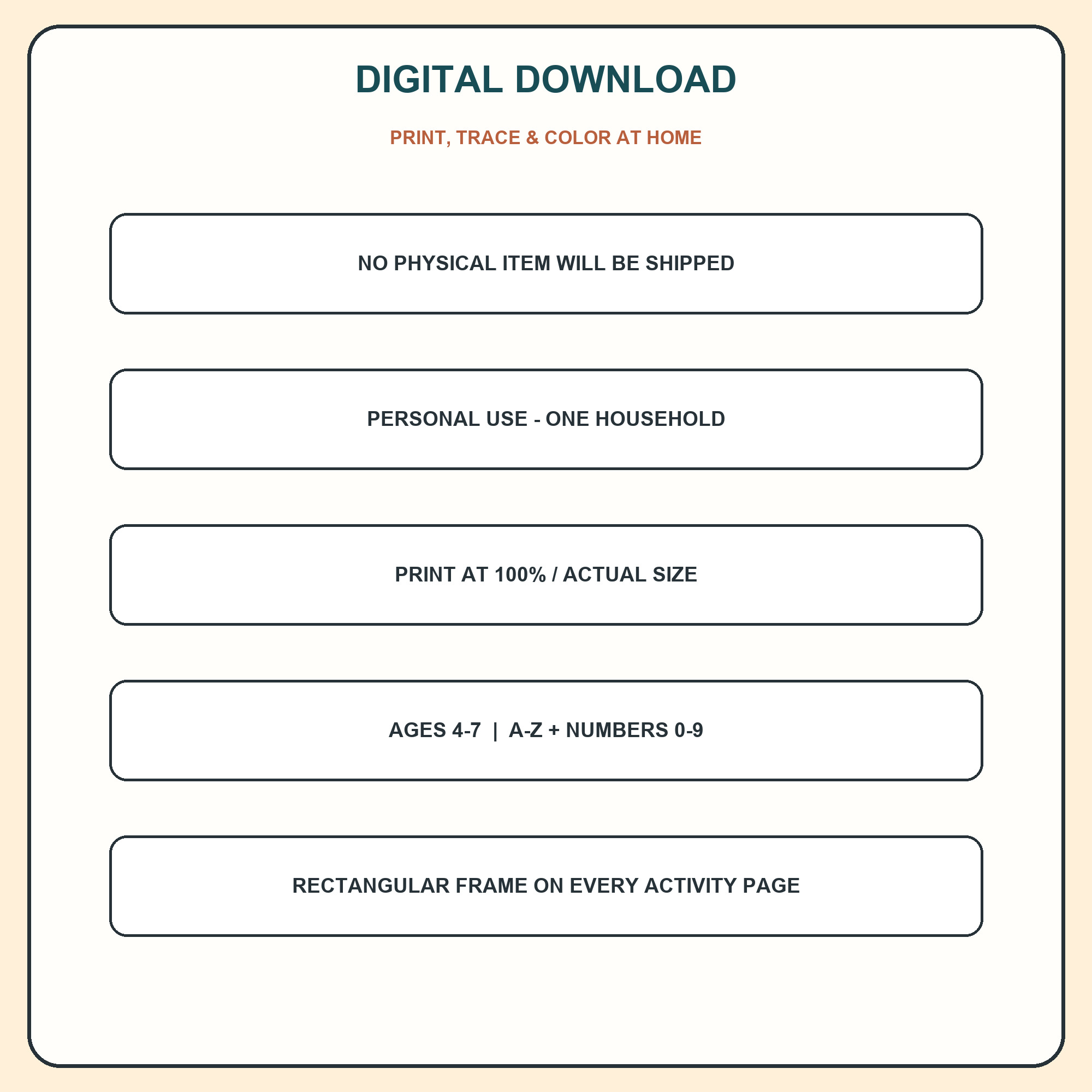 Digital download, printing, age, page-frame, and personal-use summary.
