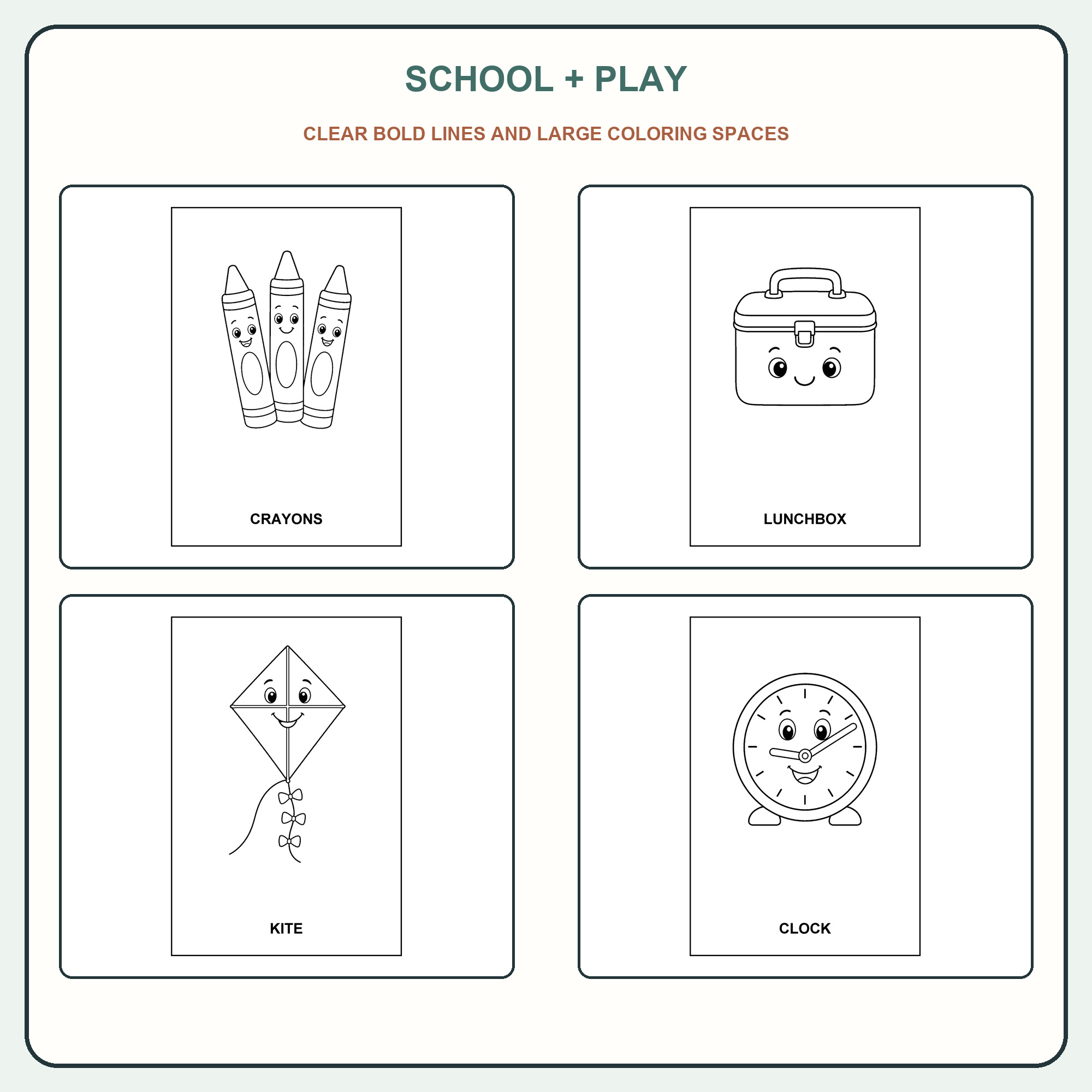 Four everyday-object vocabulary coloring page samples from school and play themes.