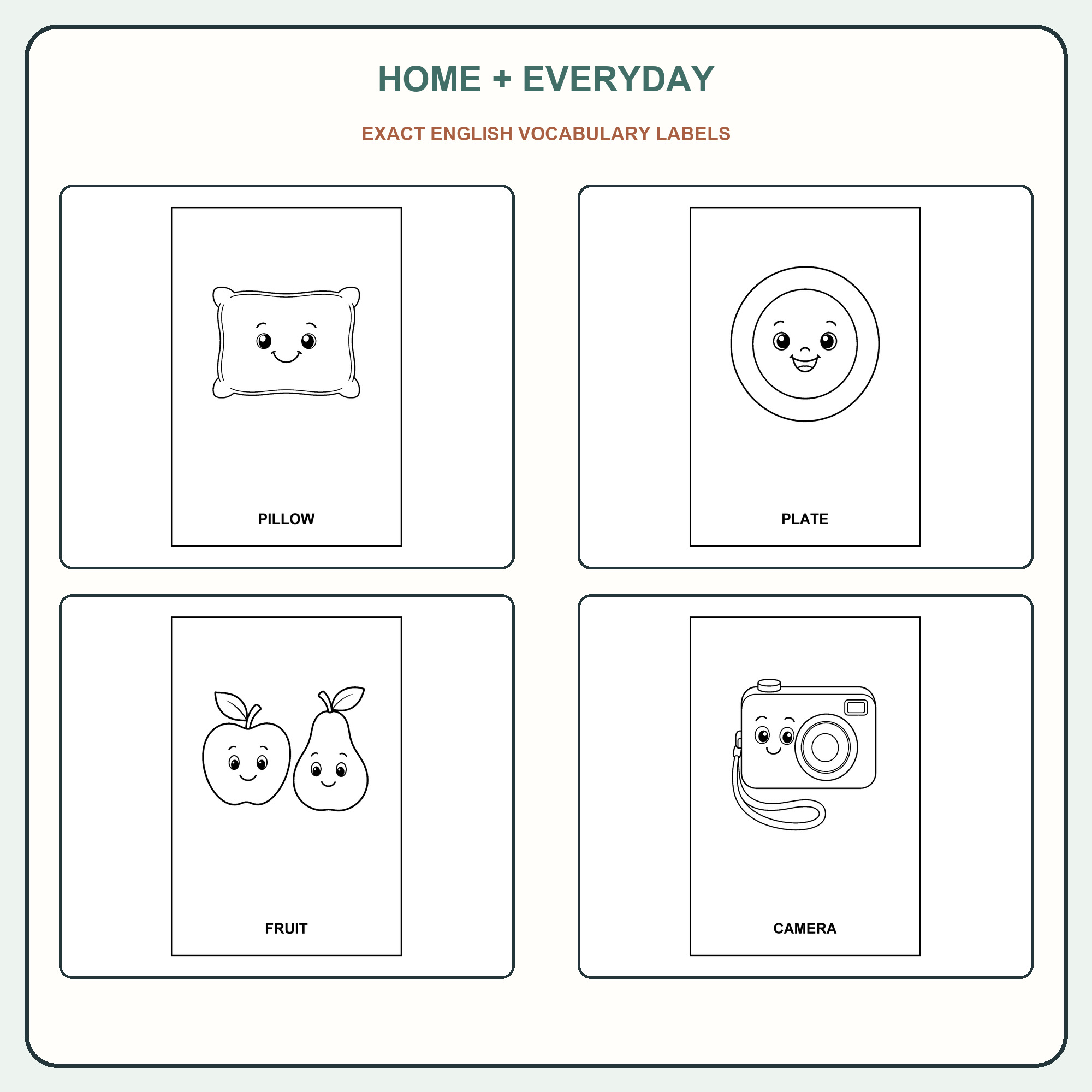 Four everyday-object vocabulary coloring page samples from home and everyday themes.