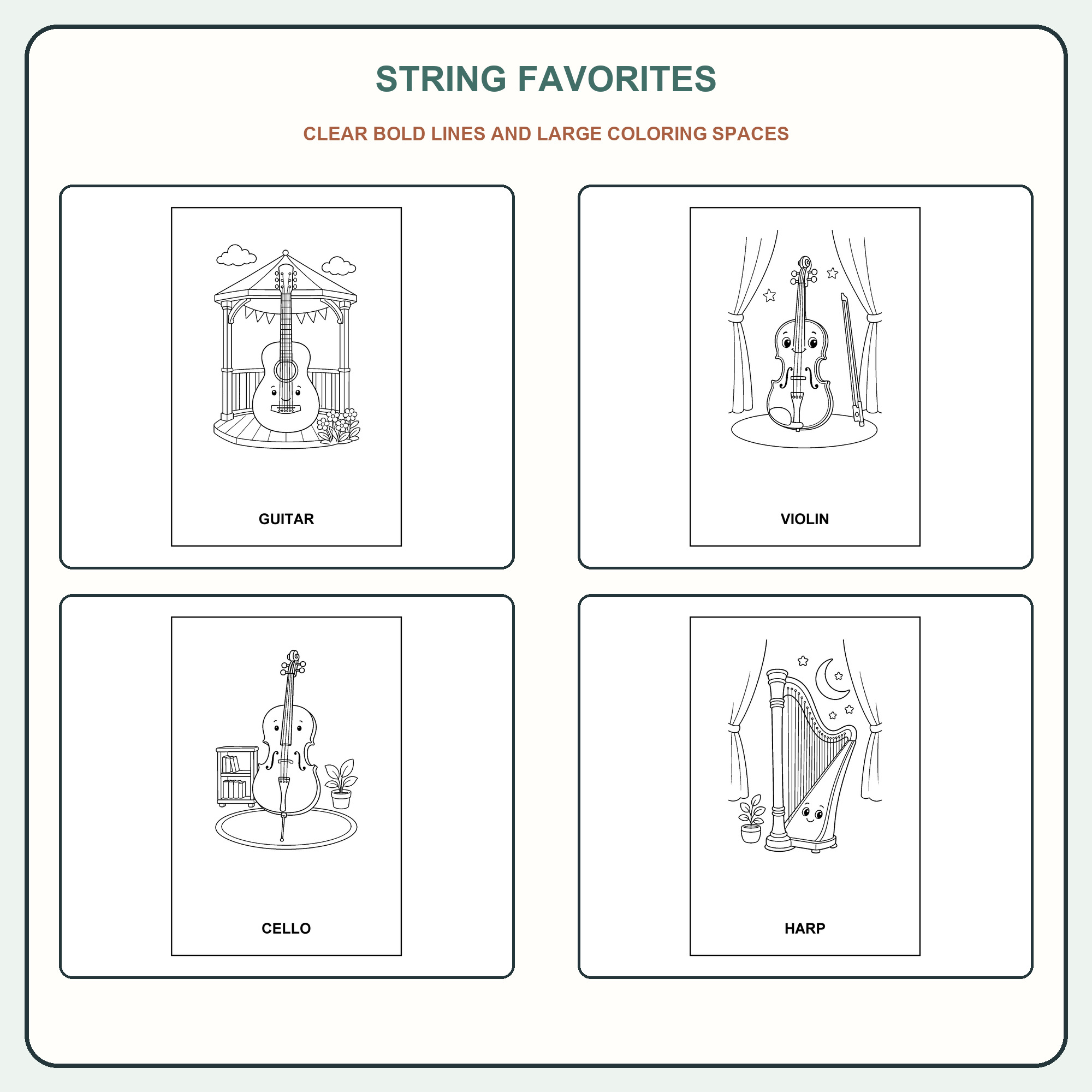 Four string-instrument vocabulary coloring page samples.