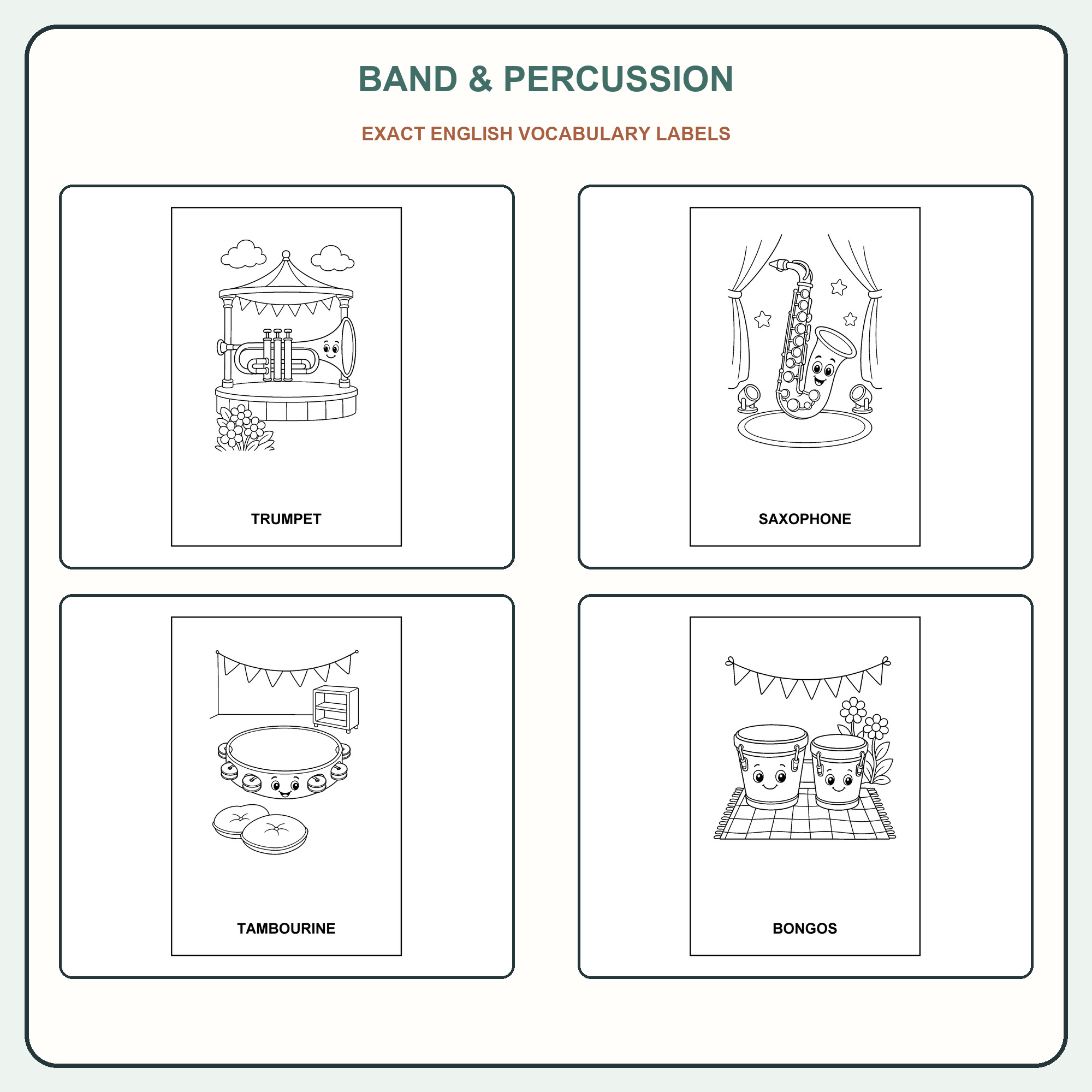 Four band and percussion vocabulary coloring page samples.