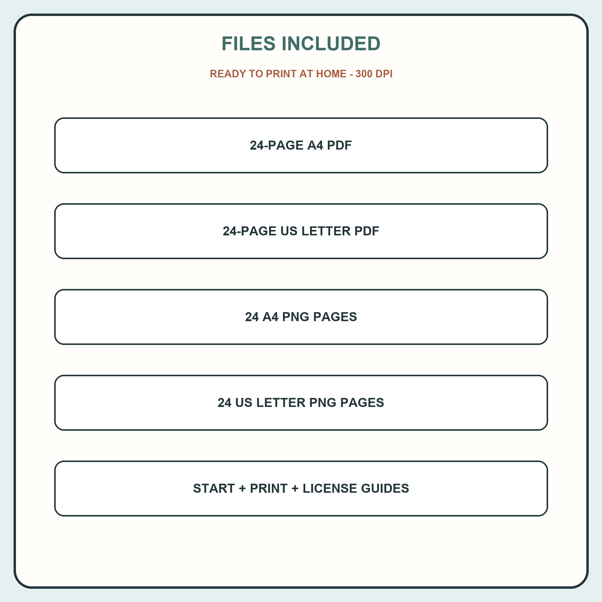 A4 and US Letter PDF and PNG files at 300 DPI.