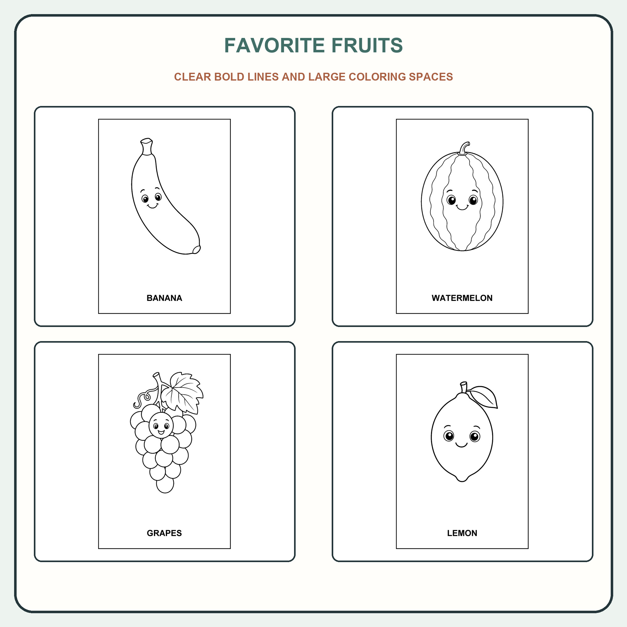 Four fruit vocabulary coloring page samples.