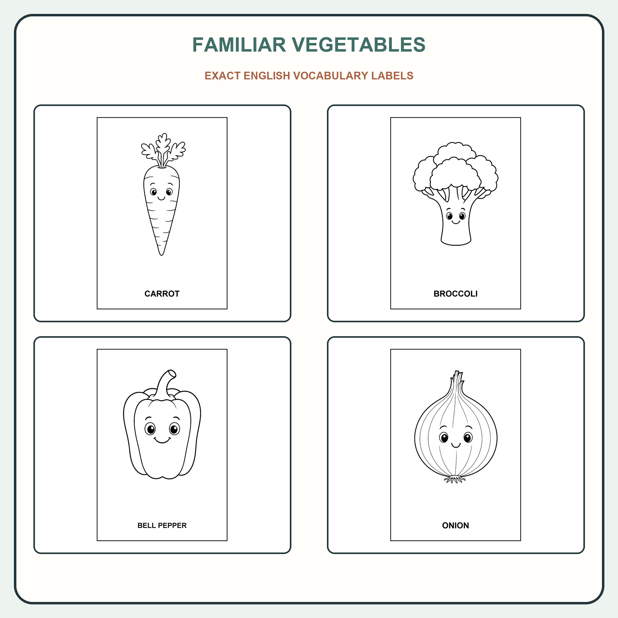 Four vegetable vocabulary coloring page samples.