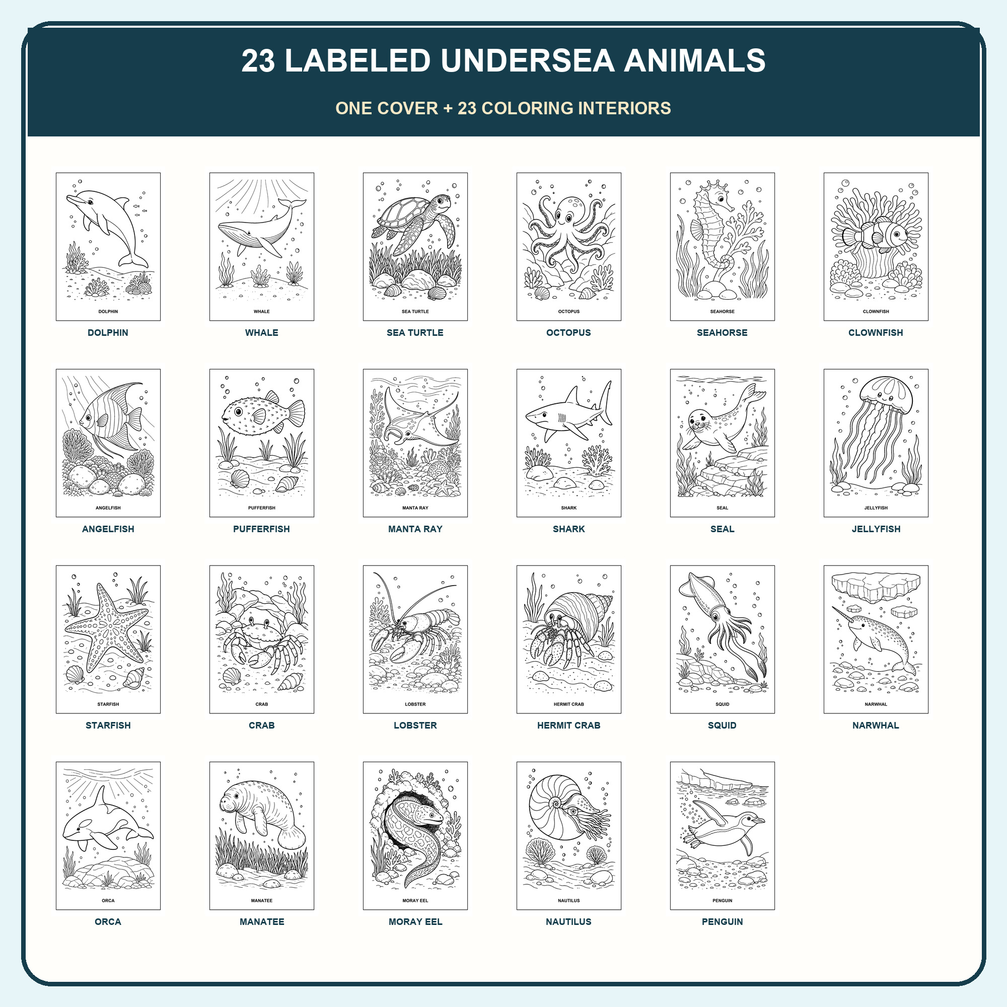 Overview of all 23 labeled undersea animal coloring page interiors included in the download.