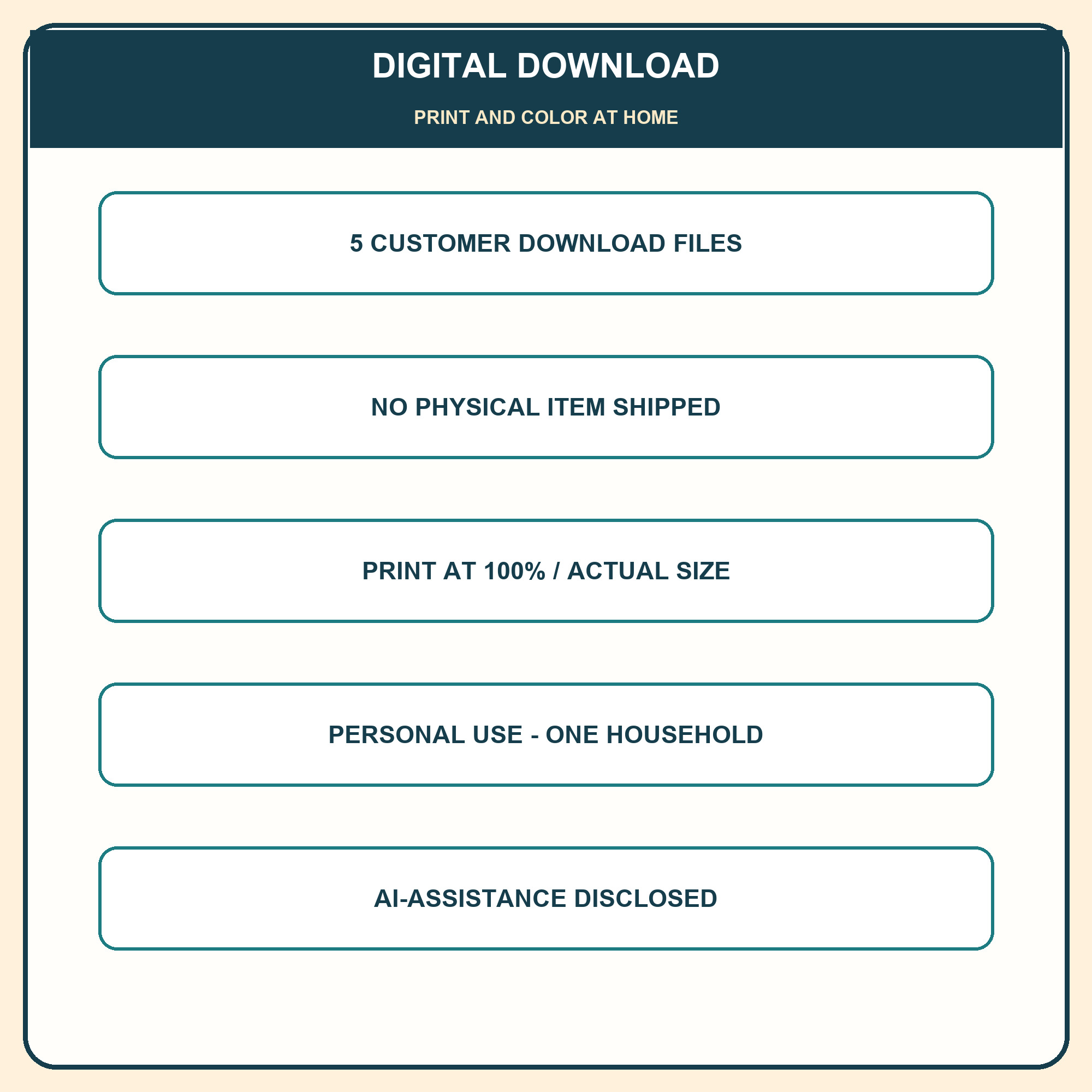 Digital download summary with five files, no physical item, printing guidance, personal use, and AI-assistance notice.