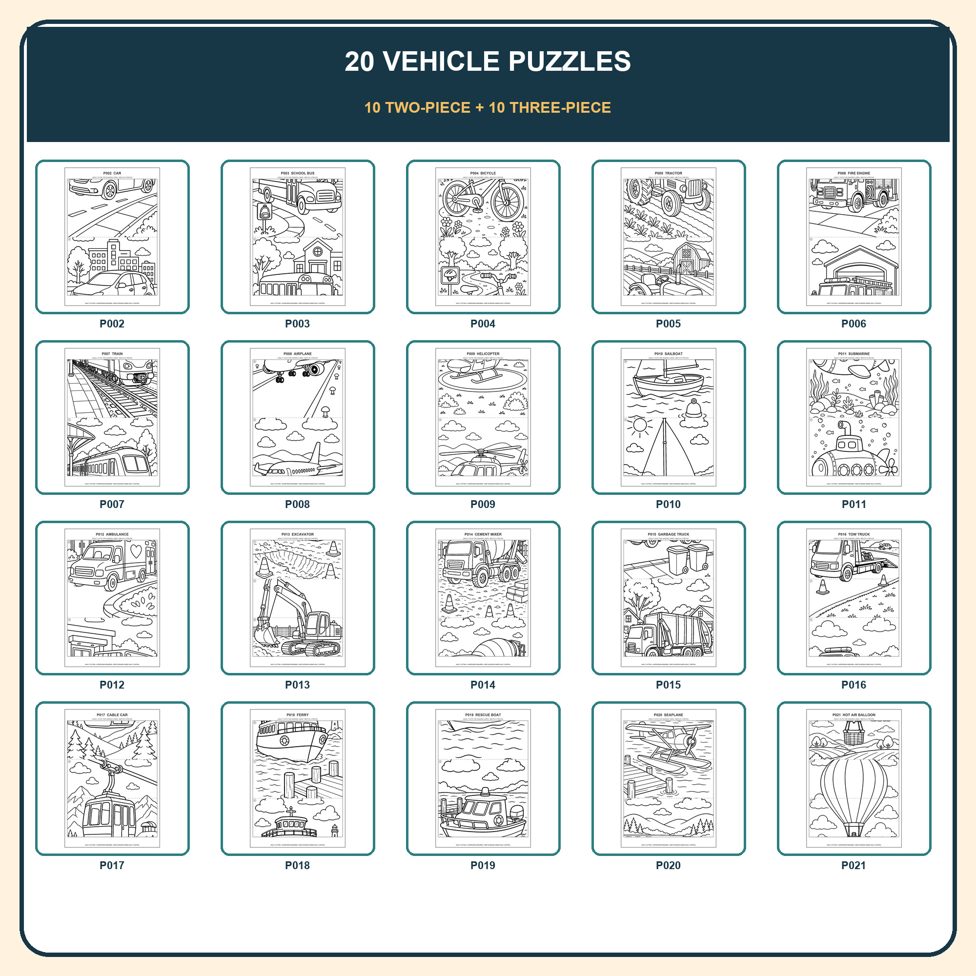 Overview of all 20 printable vehicle puzzles, P002 through P021.