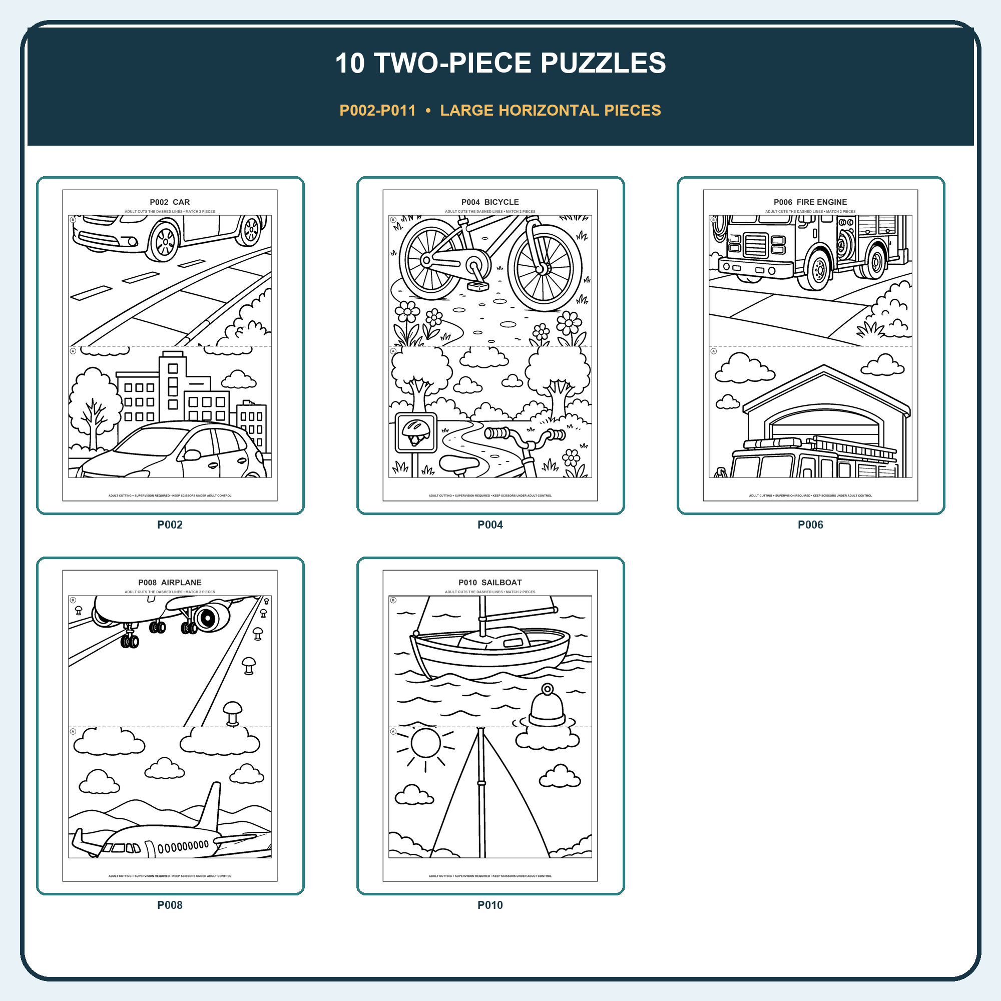 Sampler of printable two-piece vehicle puzzles from P002 through P011.