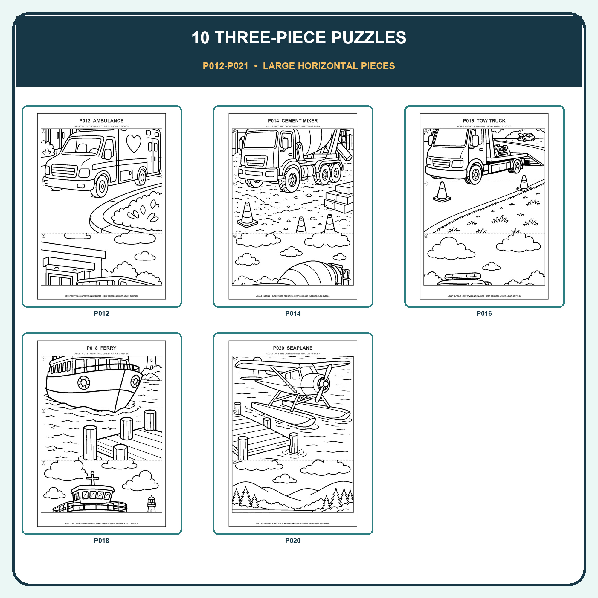 Sampler of printable three-piece vehicle puzzles from P012 through P021.