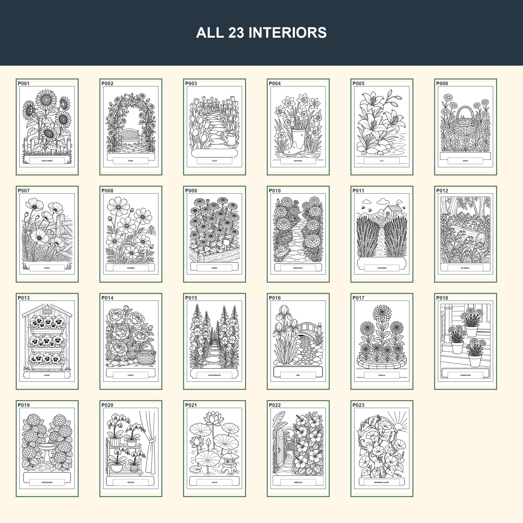 Overview grid showing all 23 named flower coloring pages P001 through P023.