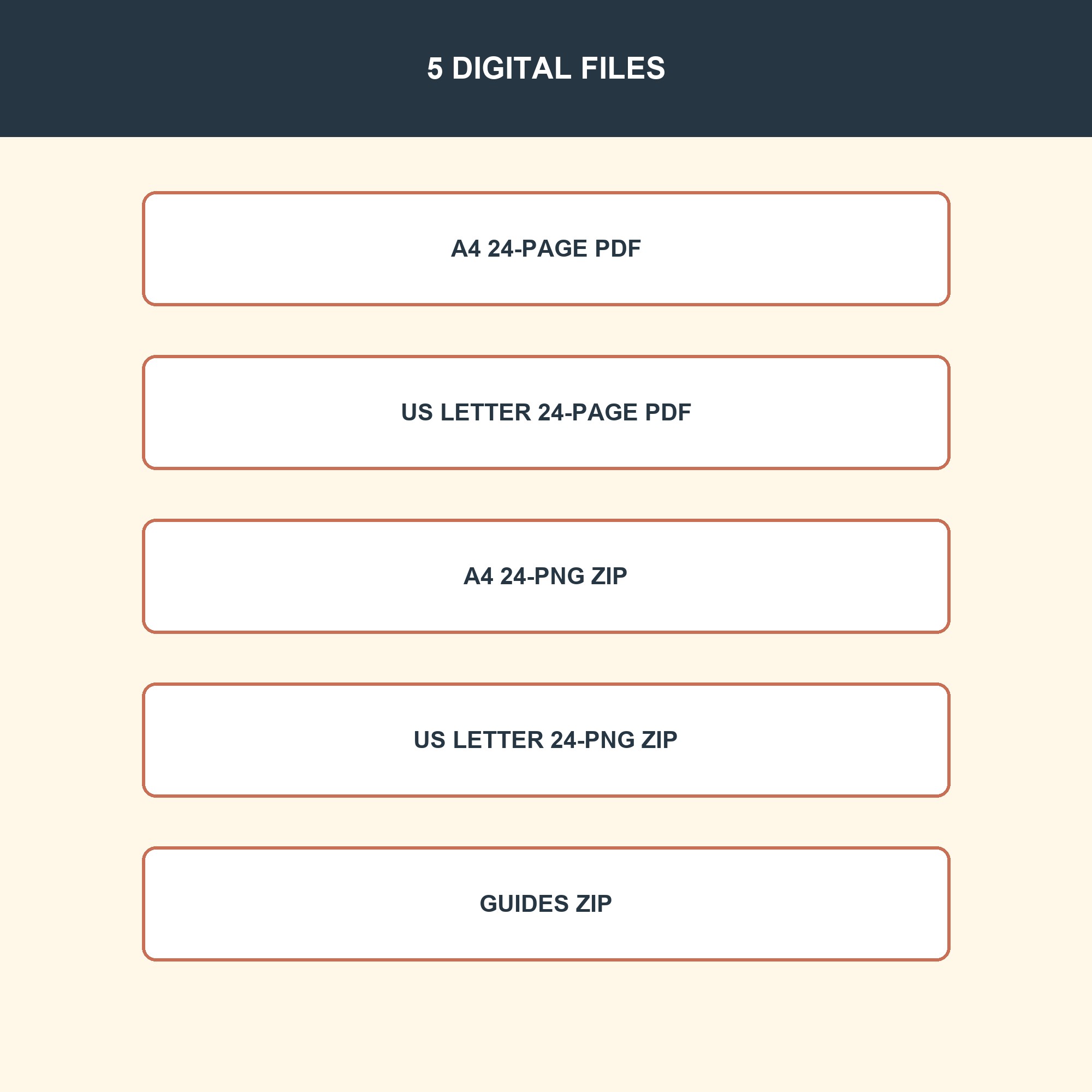 Five included files: A4 and US Letter PDFs, two PNG ZIPs and a guides ZIP.