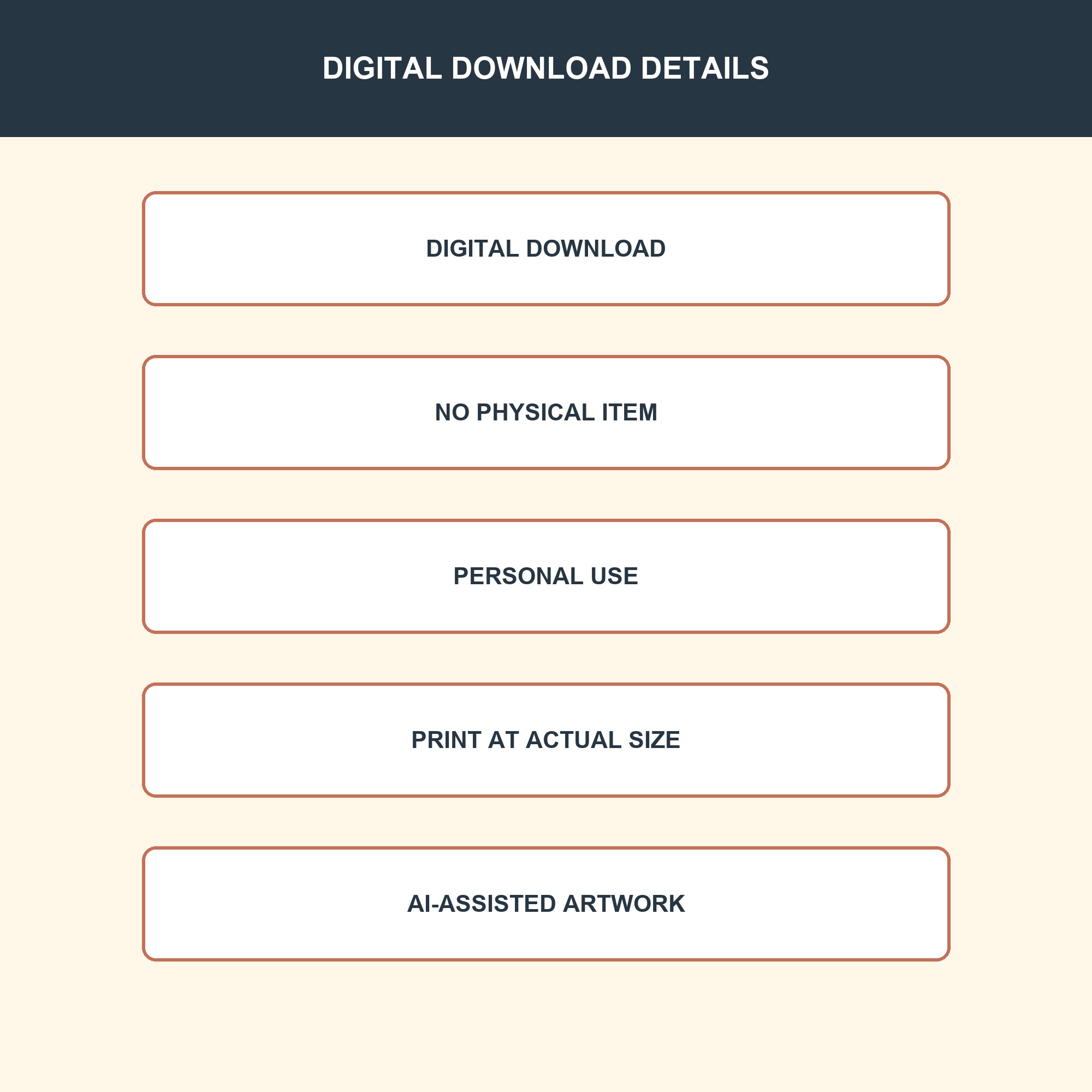 Digital-download panel with printing, personal-use and AI-assisted artwork notices.